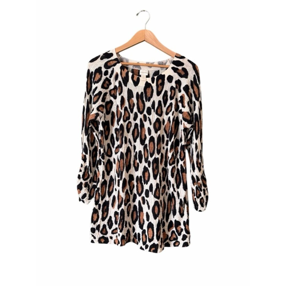 Chico's Knit Ruched Tie Sleeves Leopard Print Tunic Top Sz 2 12/L